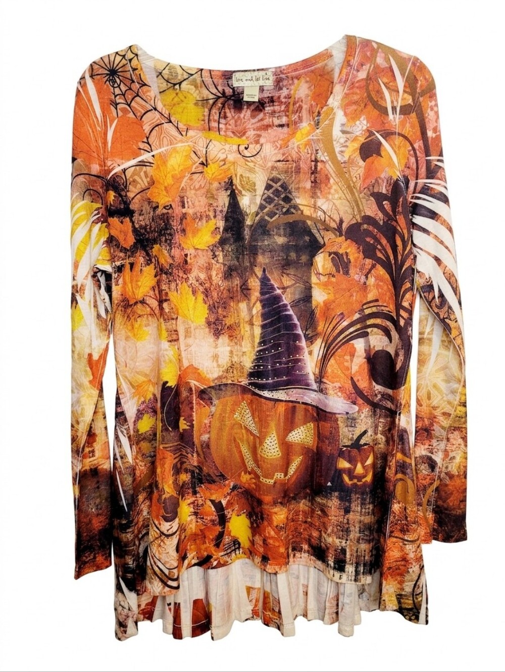 Live and Let Live Halloween Embellished Pumpkin Witch Hat Tunic Top Size L